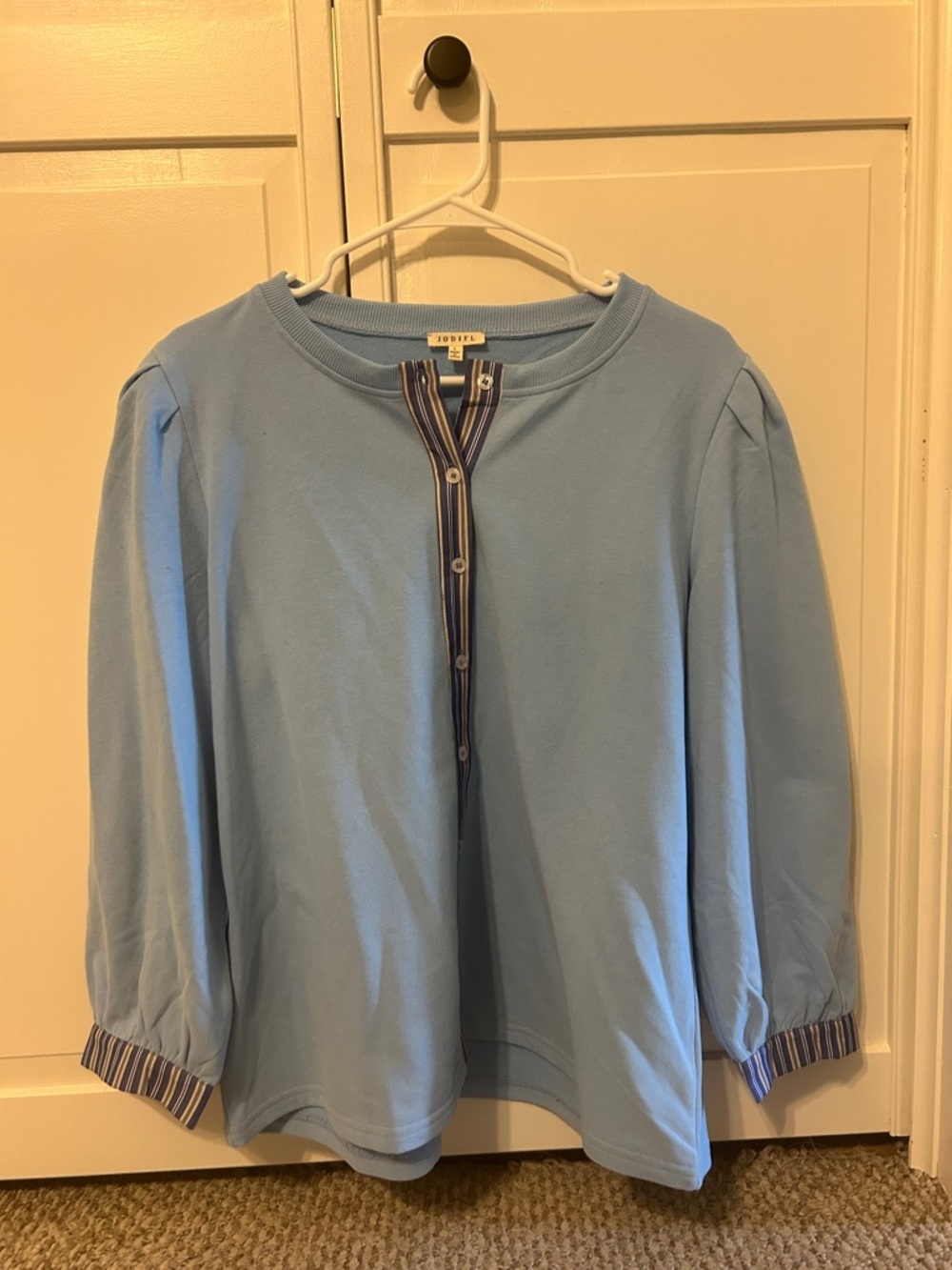 JODIFL Sky Blue Button-Front Top with Navy Striped Trim